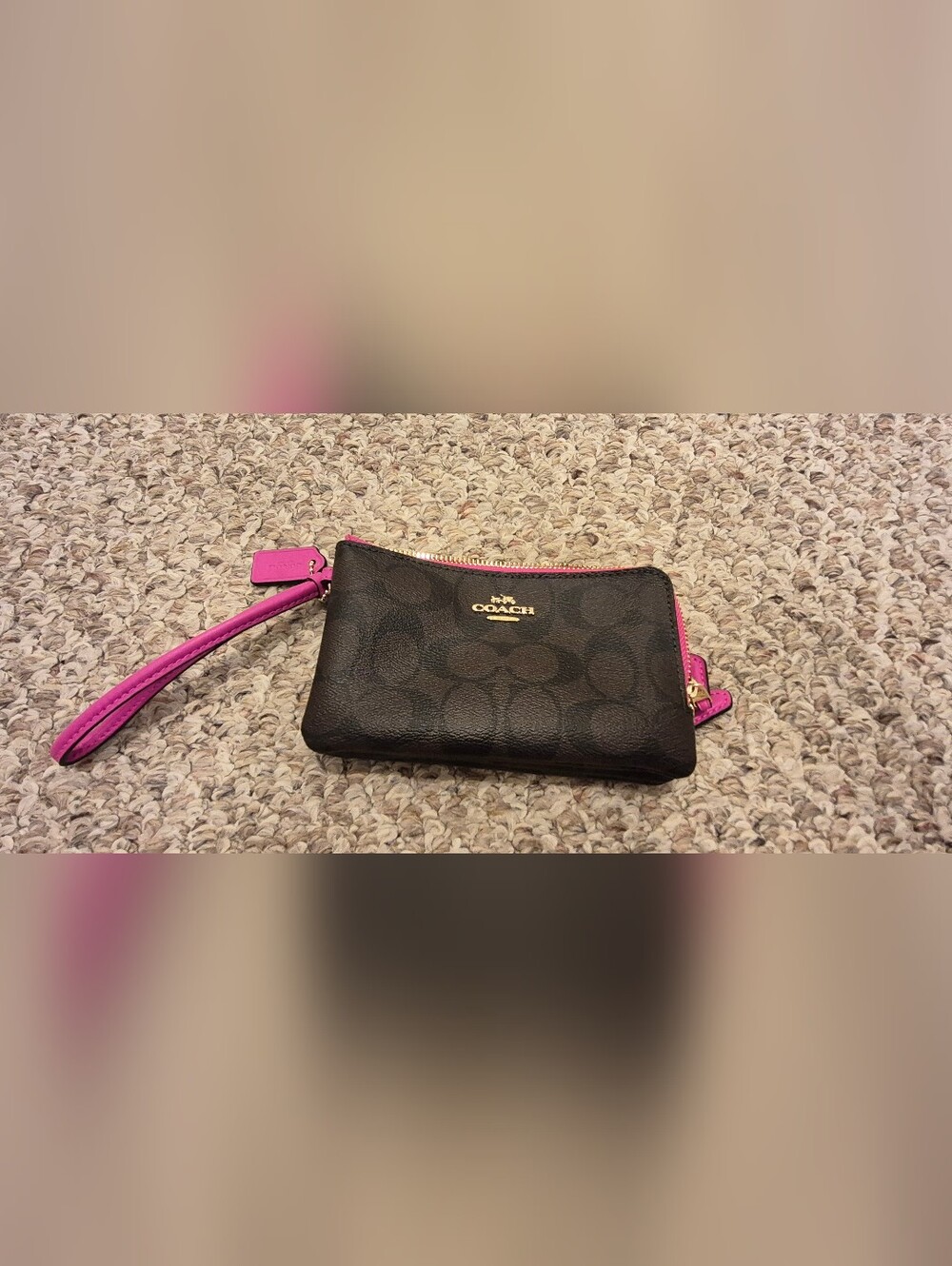 Coach Double Mini Wallet Signature Brown/Black with Hot Pink Interior